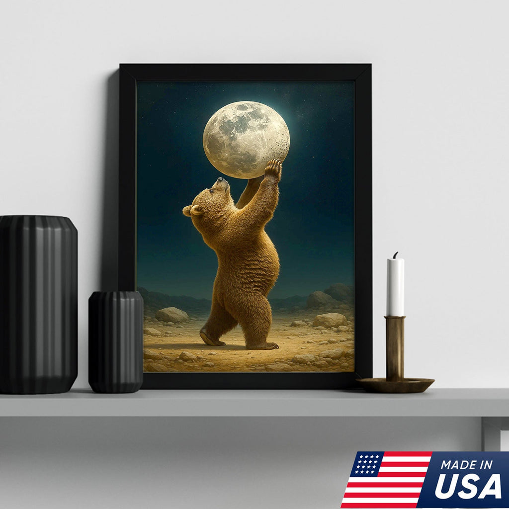 Bear Holding Full Moon Canvas Wall Art, Surreal Night Sky Decor, Rustic Cabin Nature Print