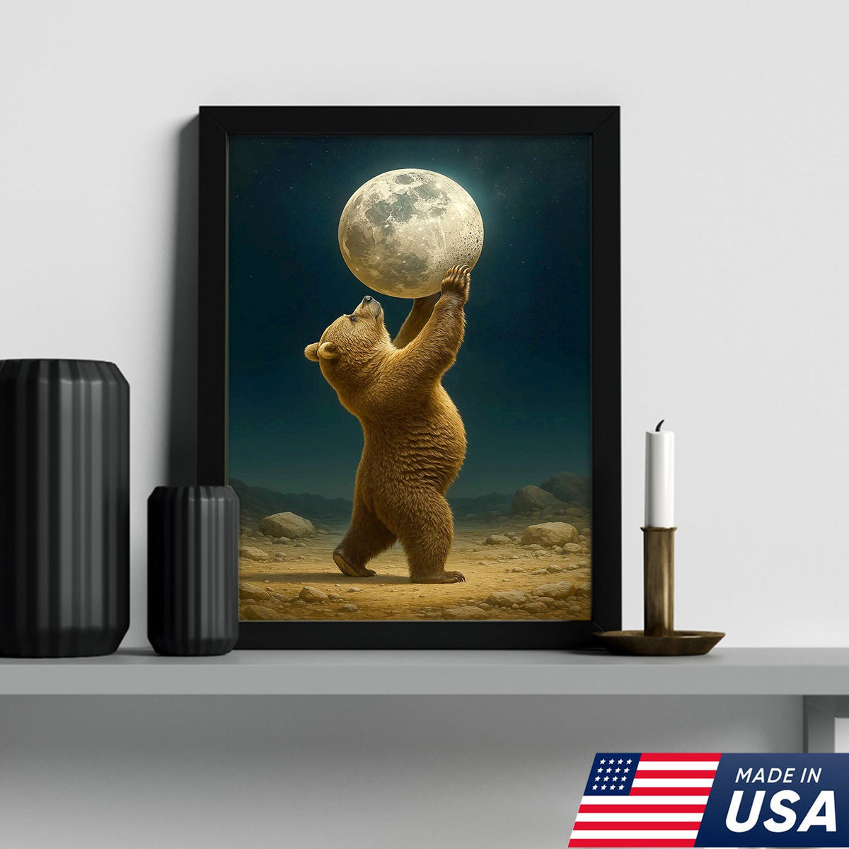 Bear Holding Full Moon Canvas Wall Art, Surreal Night Sky Decor, Rustic Cabin Nature Print