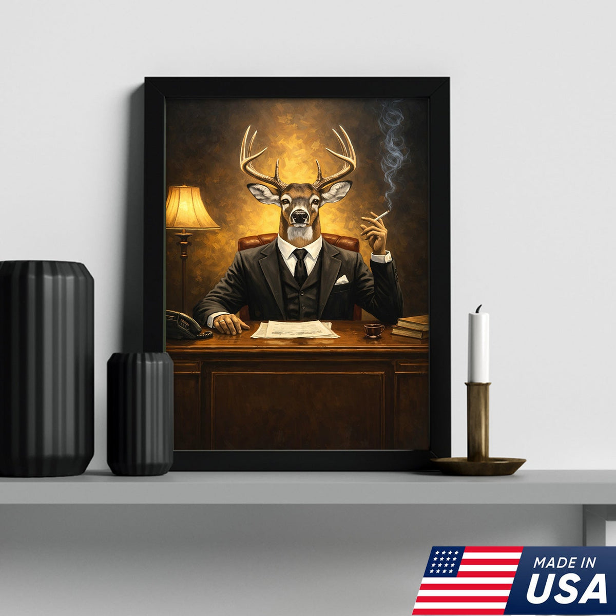 Anthropomorphic Deer Businessman Canvas Wall Art, Surreal Animal Portrait Artwork