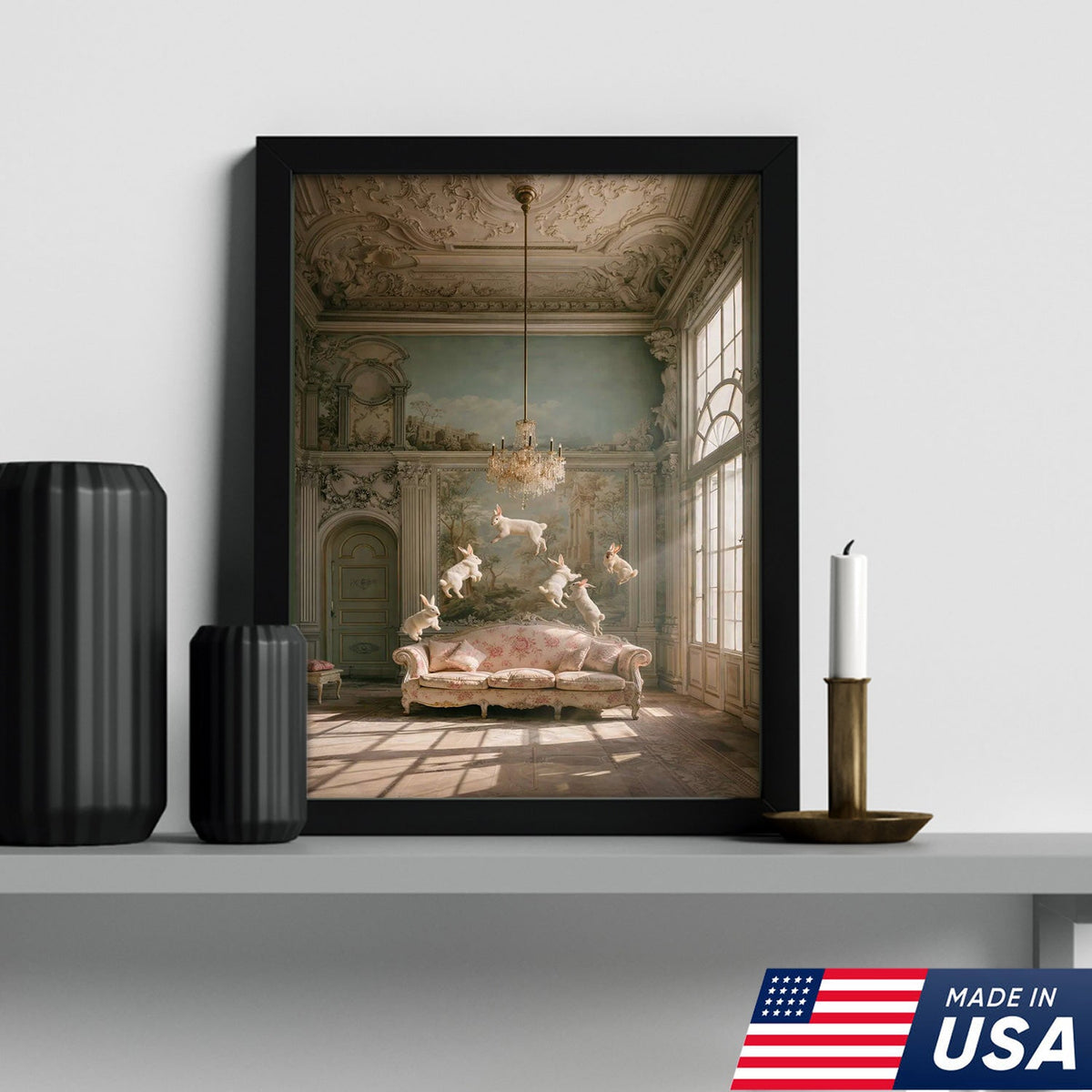 Surreal Floating Rabbits Canvas Wall Art, Dreamy Bunny Dance in Elegant Palace Interior