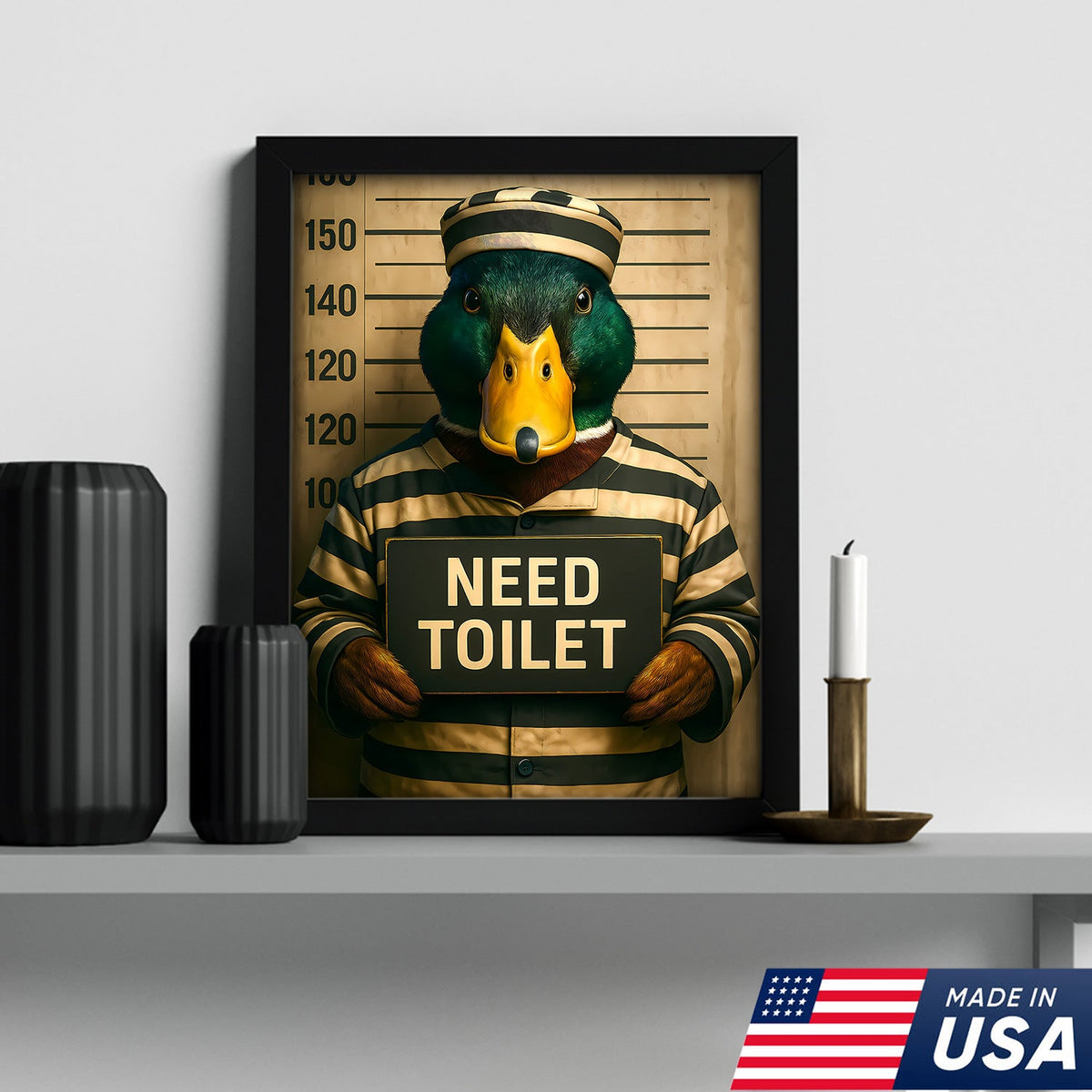 Funny Duck Mugshot Canvas – Bathroom Wall Art for Men, Toilet Humor Decor, Gag Gift Idea