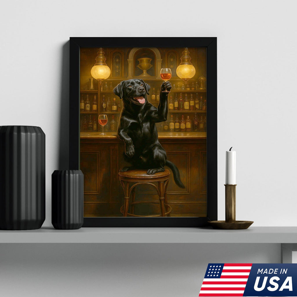 Bar Dog Canvas Art – Cheerful Black Labrador Raising a Fancy Drink