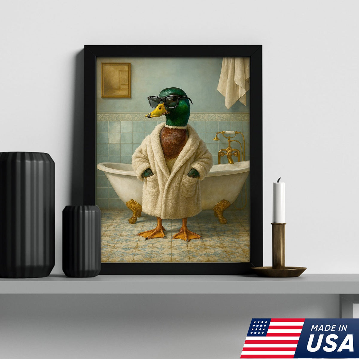 Bathrobe Duck Canvas Art – Cool Duck in Cozy Robe with Sunglasses