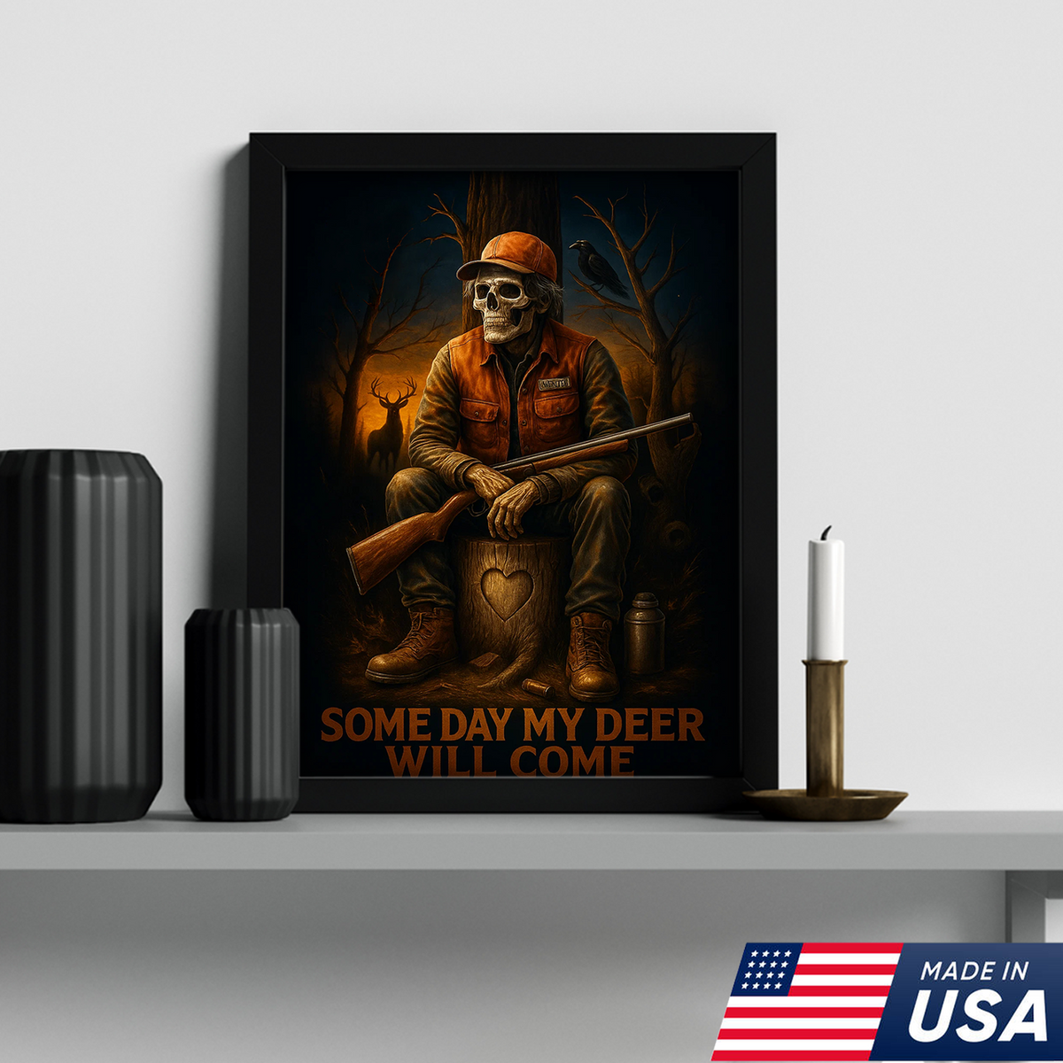 Funny Deer Hunting Canvas Wall Art – Skeleton Hunter with Rifle, Rustic Lodge Decor