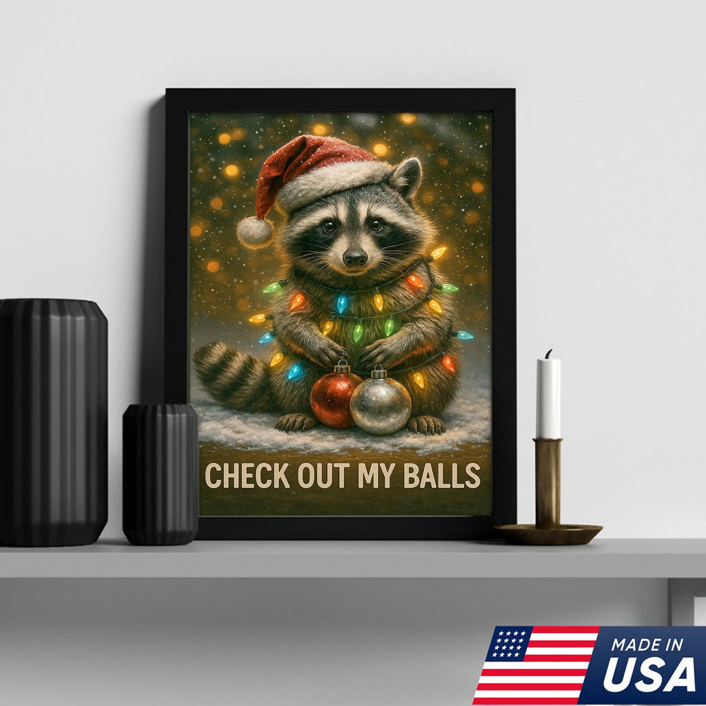 Funny Christmas Raccoon Canvas Art – Cute Holiday Raccoon with Lights & Ornaments