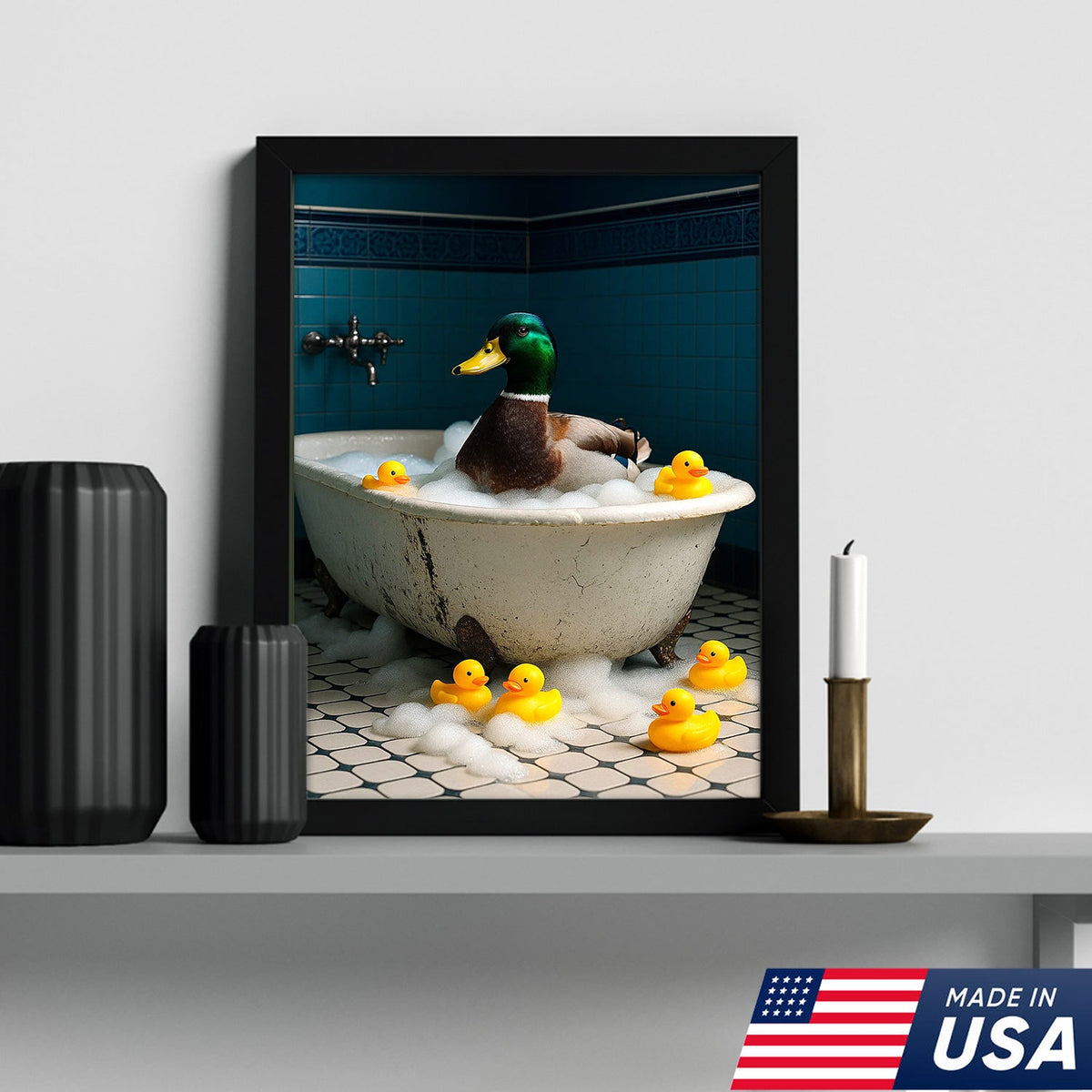 Bubble Bath Duck Canvas Art – Funny Duck in Foamy Tub with Rubber Ducklings