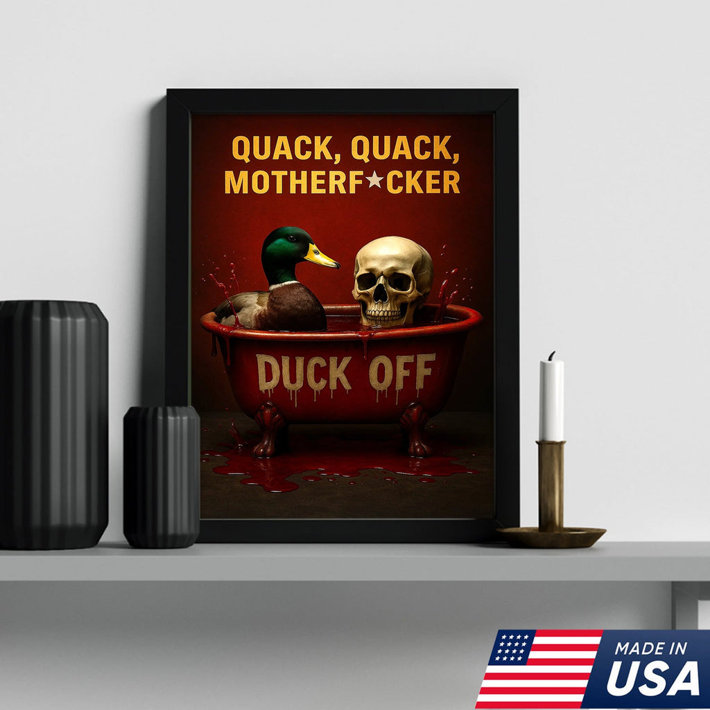 Dark Humor Duck Canvas Art – Savage Duck in Bloody Tub with Skull, Horror-Style “Duck Off” Wall Decor