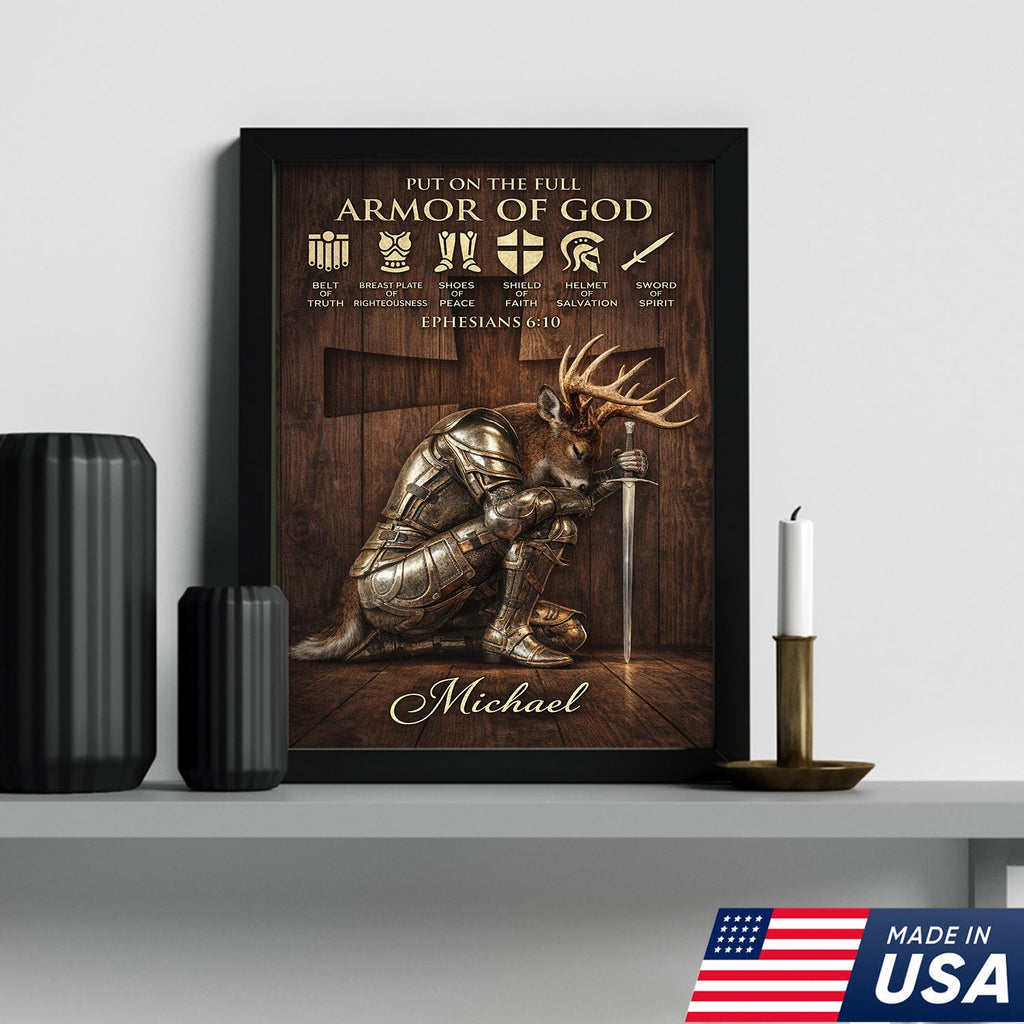 Personalized Armor of God Deer Knight Canvas Wall Art, Christian Ephesians 6:10 Scripture Artwork