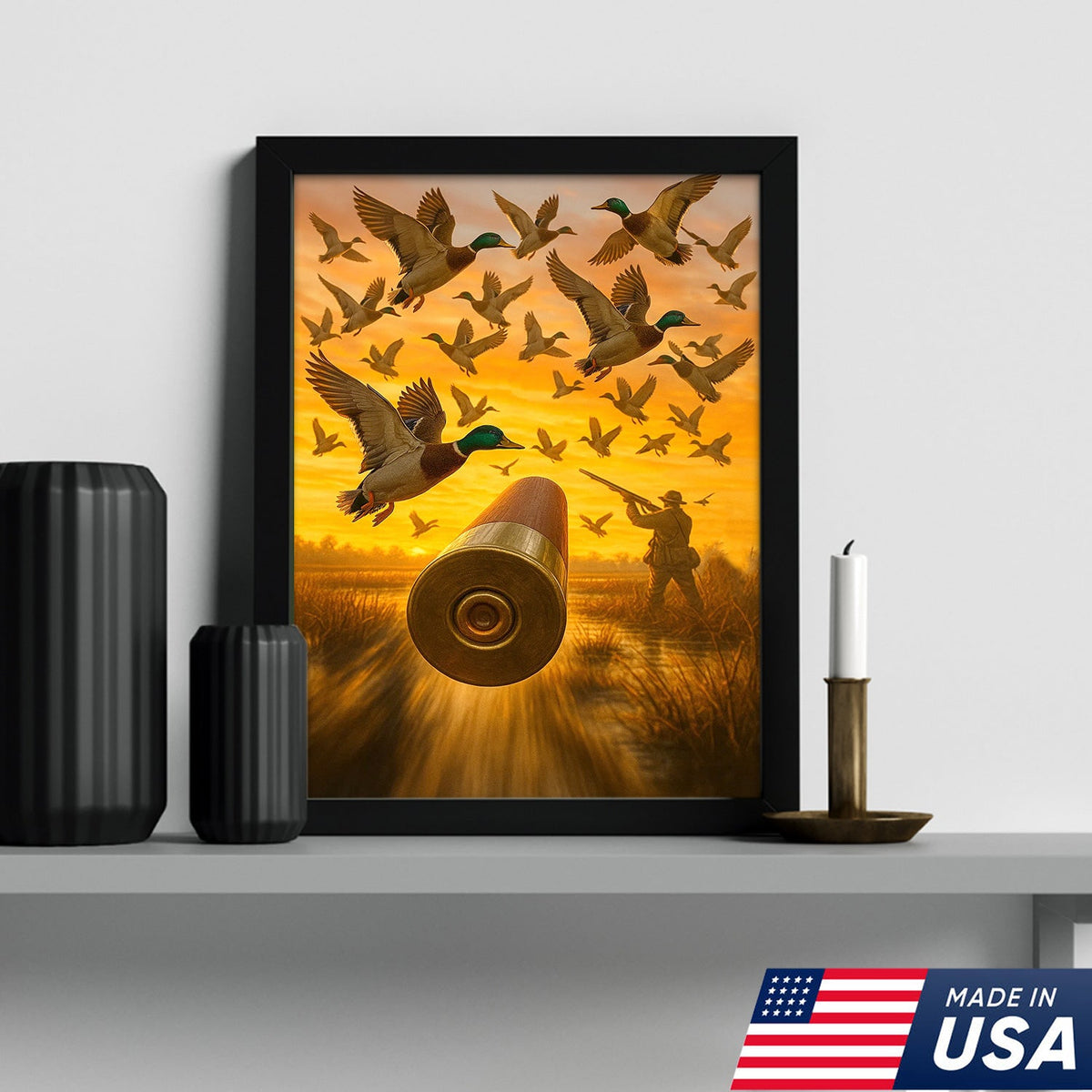 Duck Hunting Canvas Wall Art, Shotgun Shell and Flying Mallards Artwork, Rustic Cabin Decor for Hunters