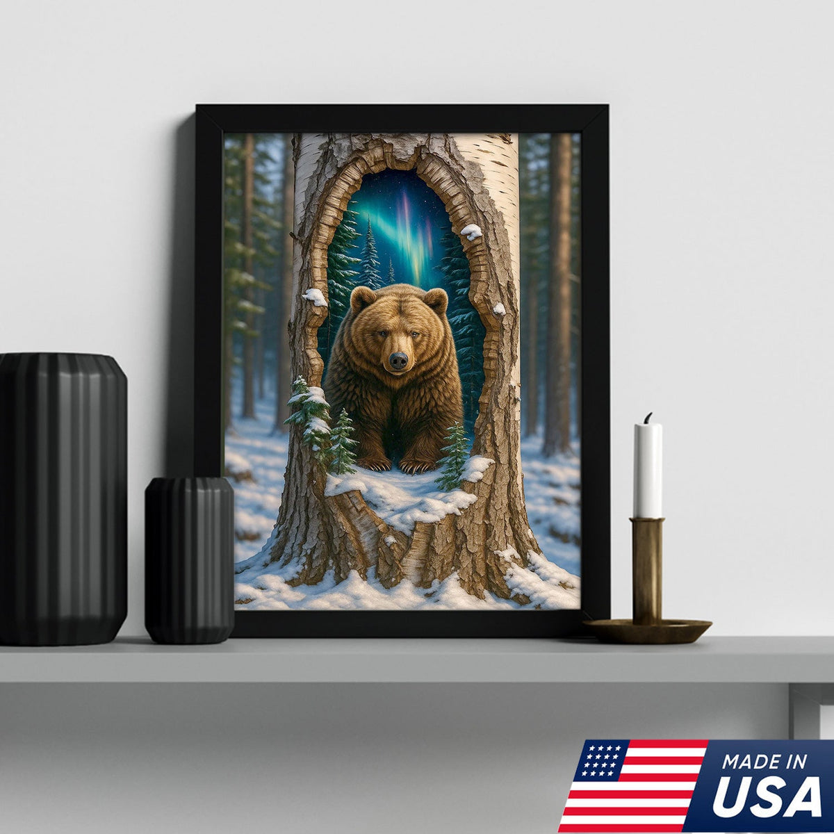Aurora Borealis Bear in Hollow Tree Canvas Wall Art, Winter Forest Cabin Decor