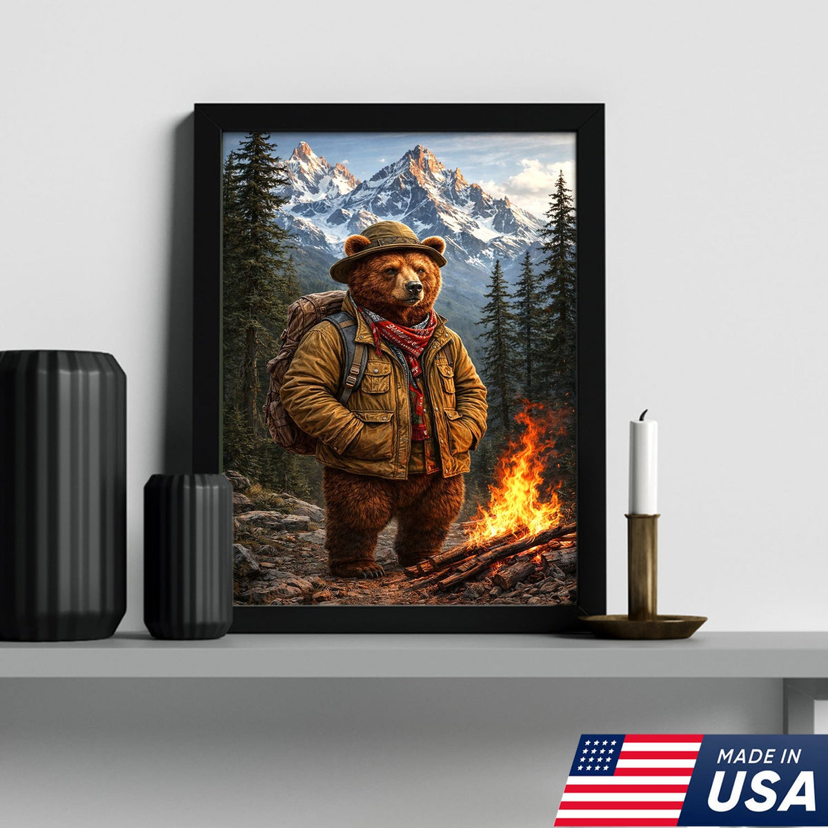 Mountain Explorer Bear Canvas Wall Art – Realistic Wildlife Hiking Print