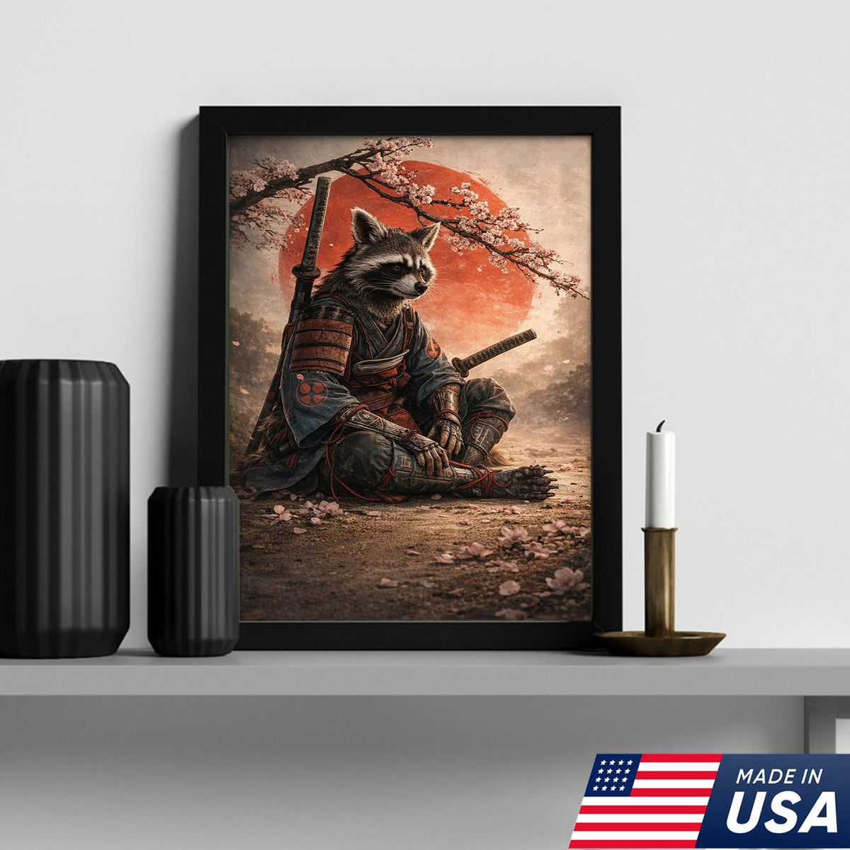 Samurai Raccoon Wall Art Canvas Print, Japanese Warrior Animal Illustration