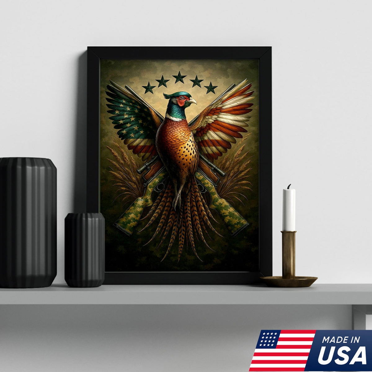 American Flag Pheasant Canvas Wall Art, Patriotic Hunting Decor for Men, Rustic Cabin Artwork