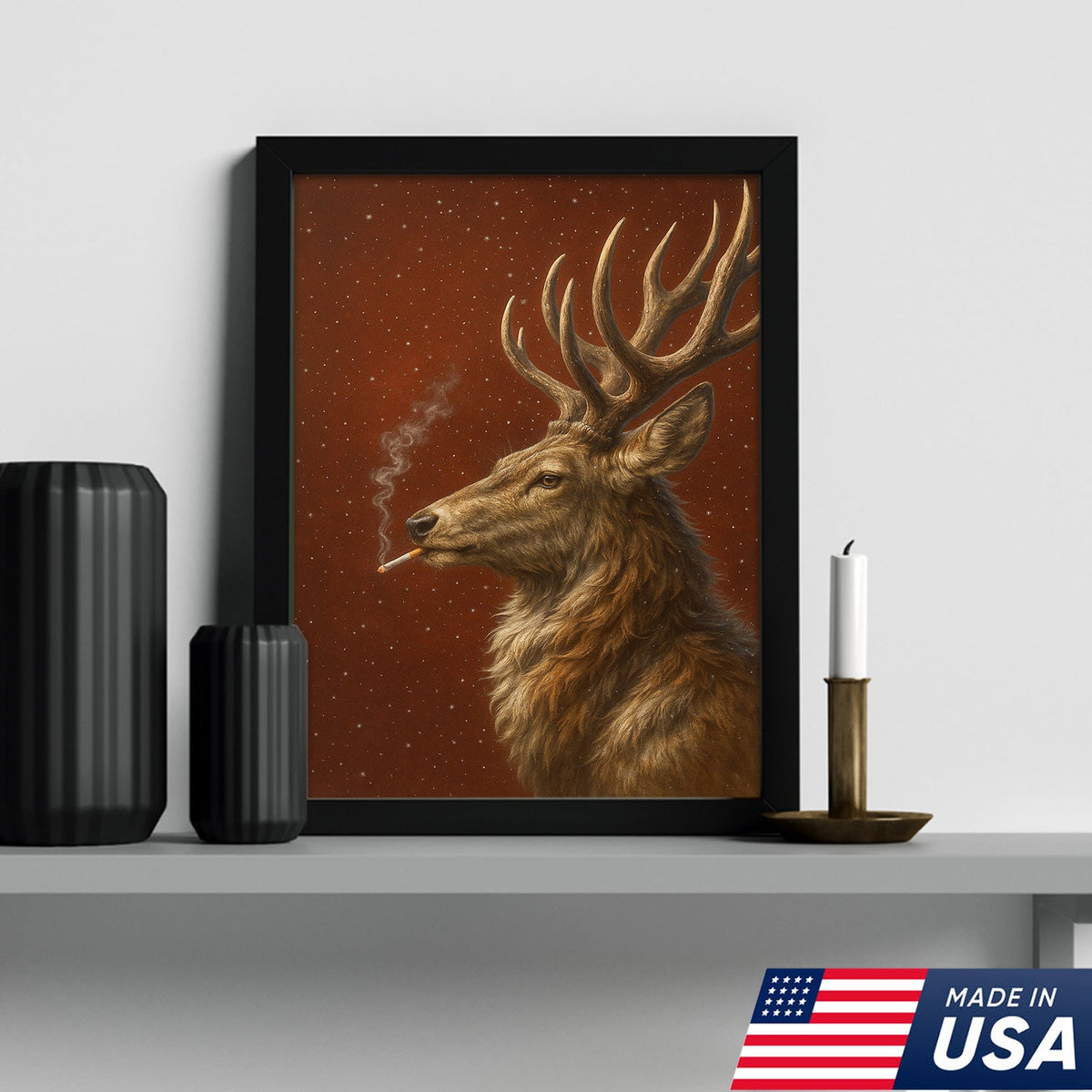 Smoking Deer Wall Art Canvas – Rustic Buck Canvas Print, Funny Christmas Cabin Decor