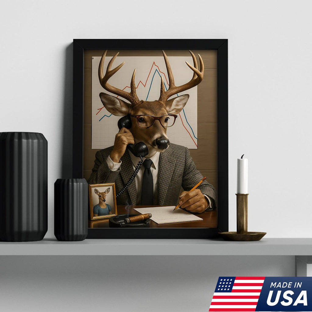 Funny Deer Businessman Canvas, Hilarious Office Buck Wall Art, Quirky Animal Decor for Workspace