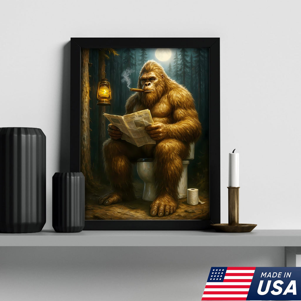 Funny Bigfoot Bathroom Canvas Wall Art, Sasquatch Reading Newspaper Picture