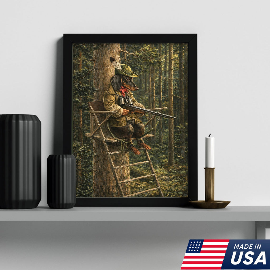 Funny Hunting Dog Wall Art, Dachshund Hunter Tree Stand Canvas