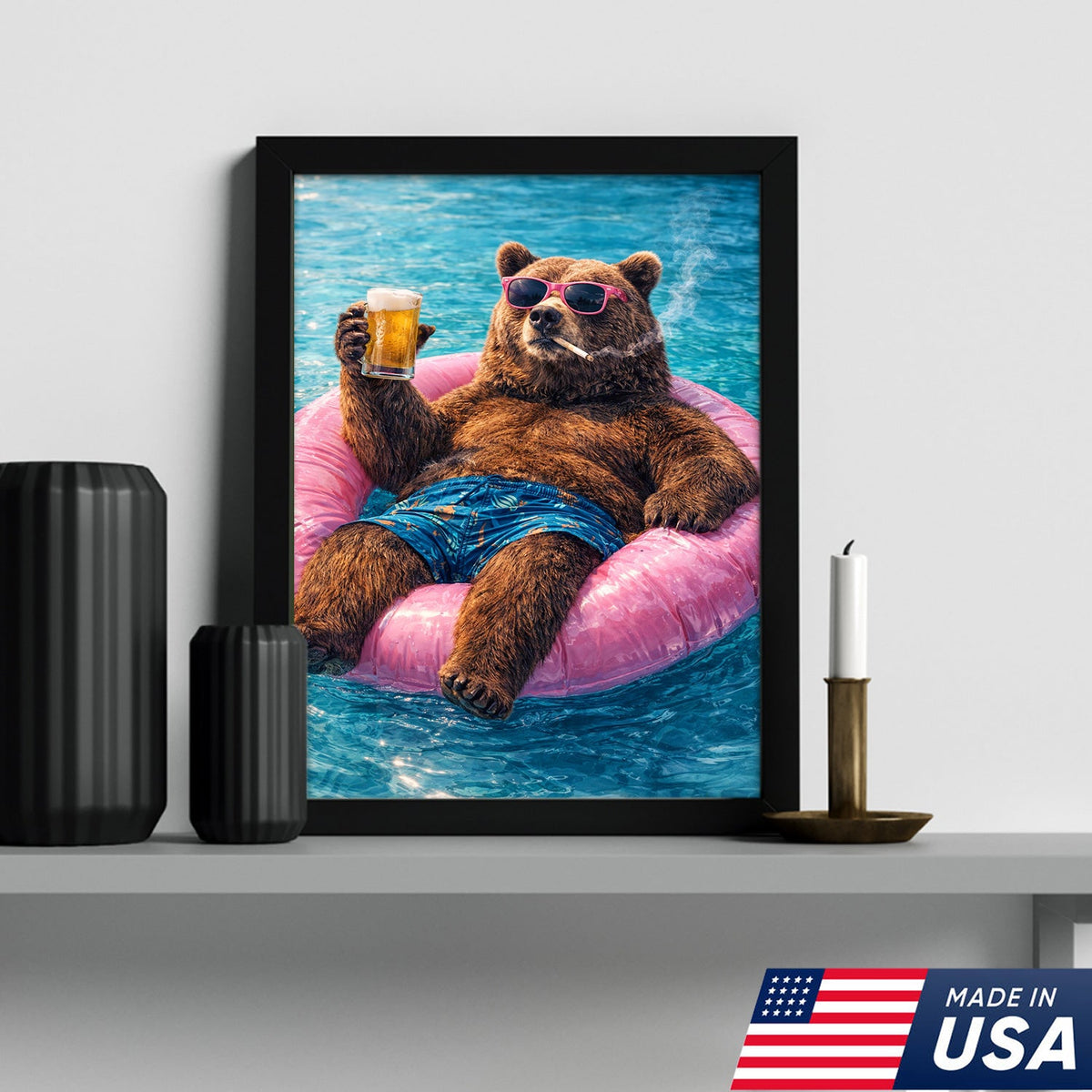 Funny Bear Pool Canvas Wall Art – Cool Bear Drinking Beer Funny Animal Decor