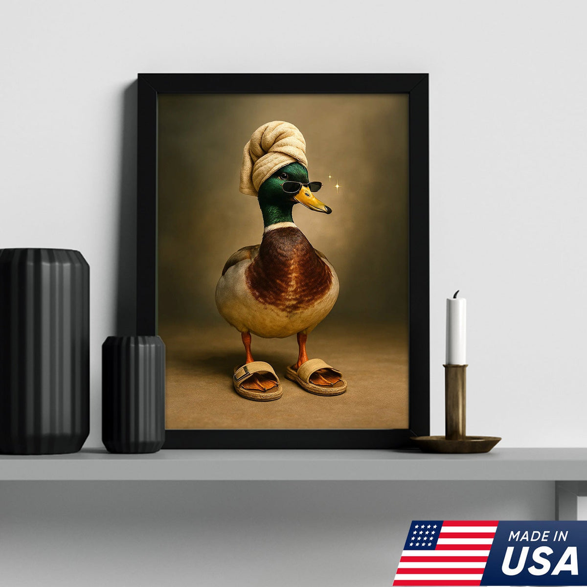 Spa Day Duck Canvas Wall Art, Funny Mallard in Towel and Sandals Bathroom Decor