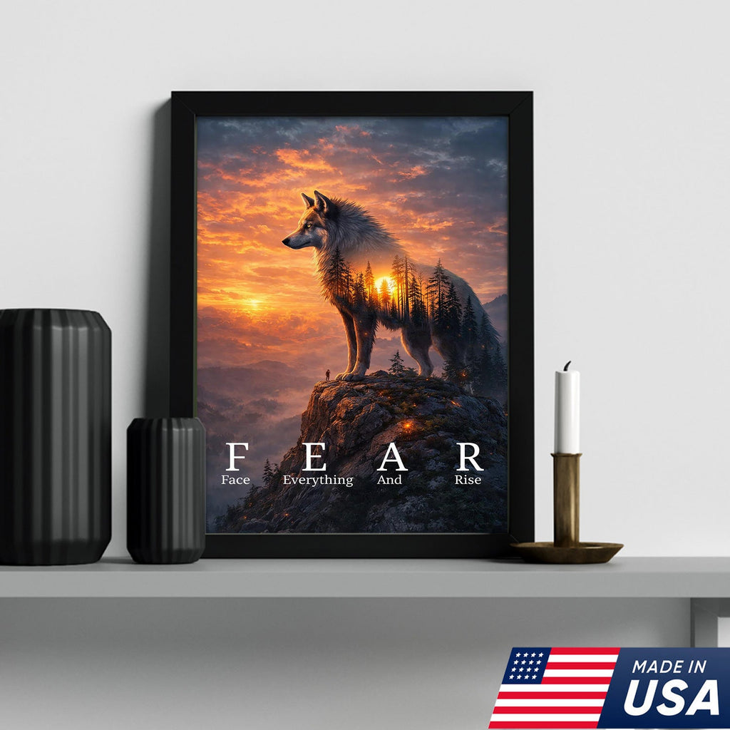 Fear Face Everything And Rise Wolf Canvas Wall Art, Inspirational Sunset Wolf Artwork