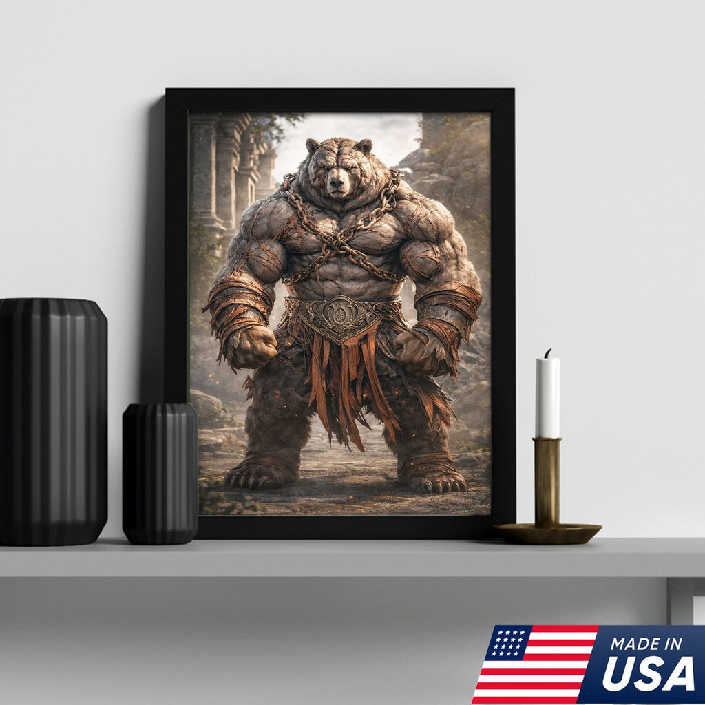 Epic Warrior Bear Canvas Wall Art – Fantasy Barbarian Animal Print