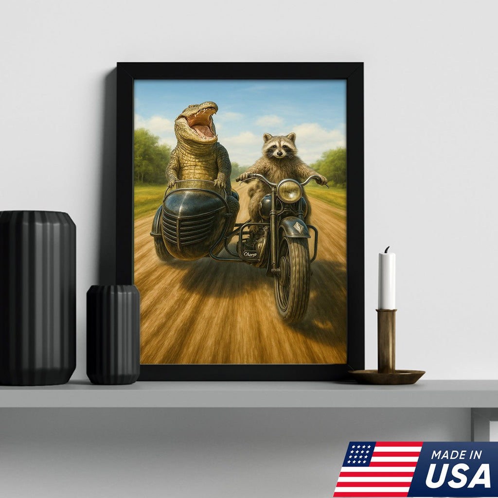 Raccoon Riding Motorcycle with Alligator Sidecar Canvas Wall Art, Funny Wildlife Road Trip Decor for Man Cave