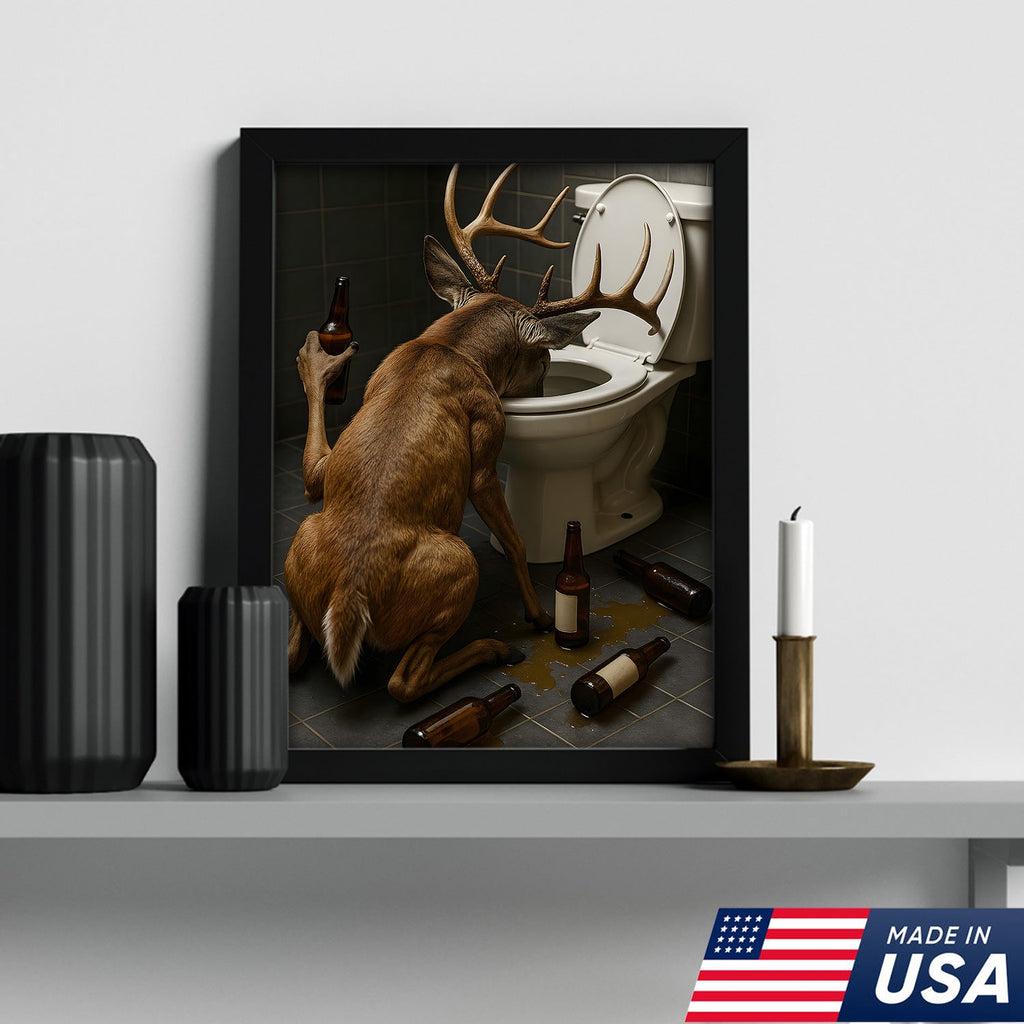 Funny Drunk Deer Canvas Wall Art, Hilarious Buck Bathroom Decor