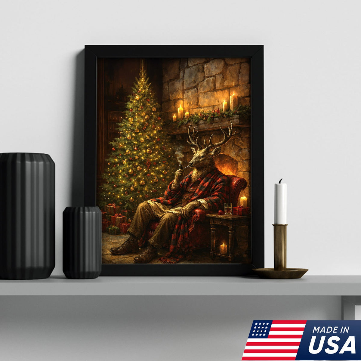 Christmas Deer Smoking Pipe Canvas - Cozy Cabin Wall Decor, Rustic Holiday Artwork