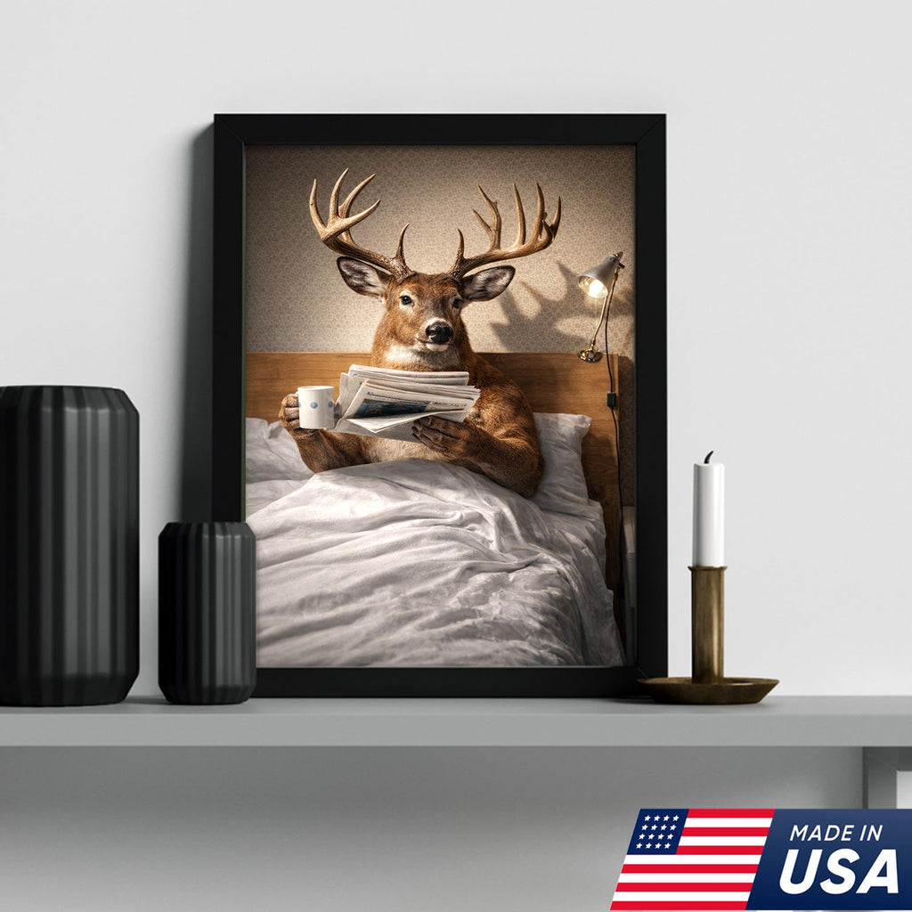 Funny Deer Canvas Wall Art Morning Coffee Newspaper Animal Humor Decor
