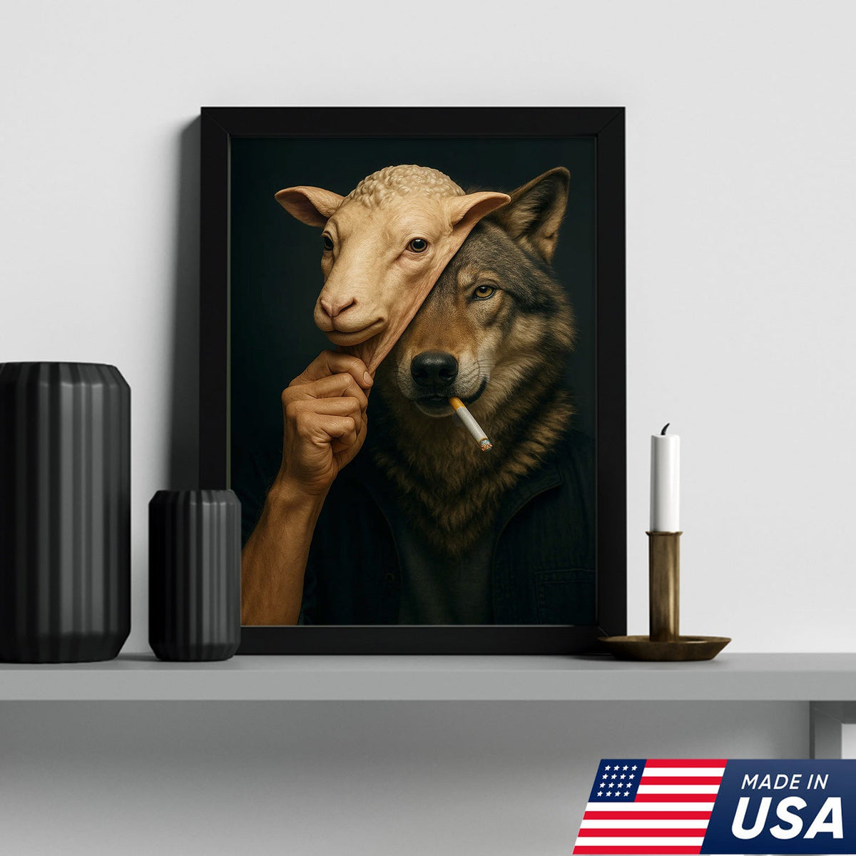 Dark Humor Wolf Wall Art — “Wolf in Sheep’s Clothing” Smoking Cigarette Concept Canvas