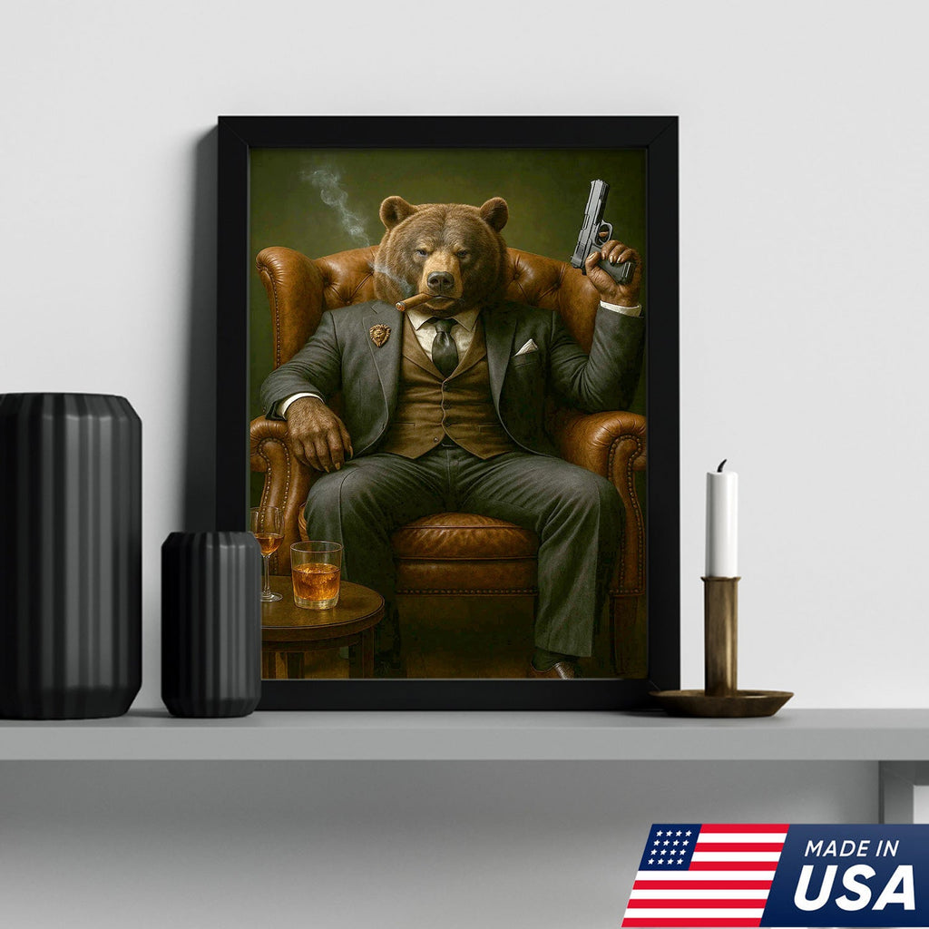 Boss Bear in Tailored Suit Canvas Wall Art, Powerful Gentleman Animal Portrait