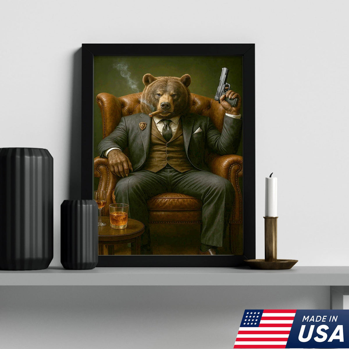 Boss Bear in Tailored Suit Canvas Wall Art, Powerful Gentleman Animal Portrait