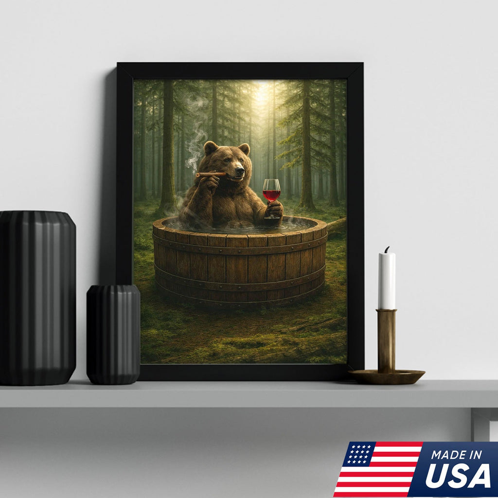 Relaxing Bear Forest Bath Canvas Wall Art, Whimsical Woodland Animal Illustration