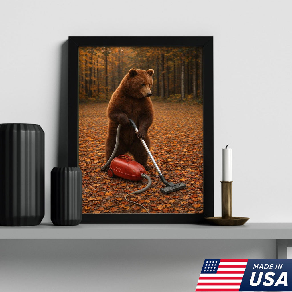 Funny Bear Vacuuming Leaves Canvas Wall Art, Whimsical Autumn Animal Humor Print