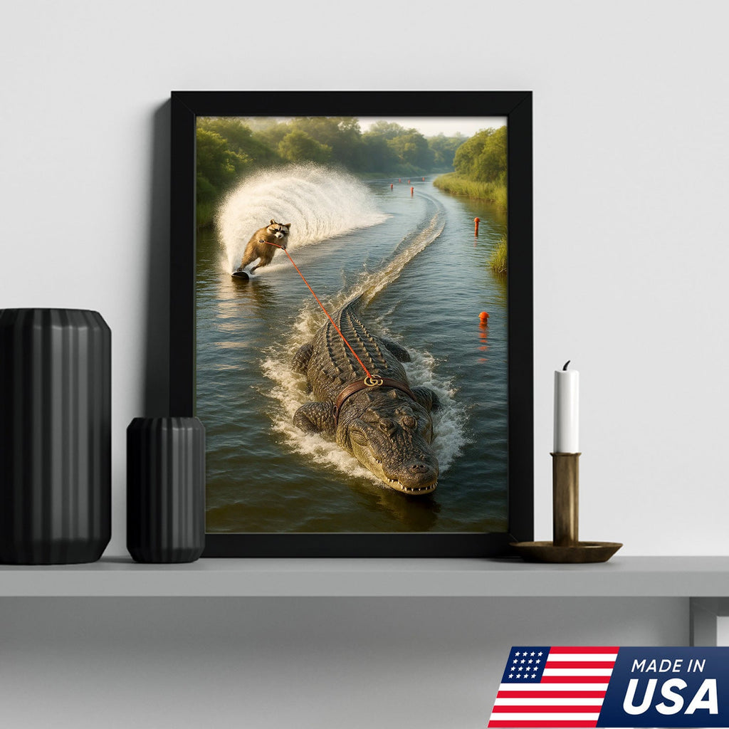 Racoon Water Skiing with Alligator Canvas Wall Art, Funny Animal Adventure Decor