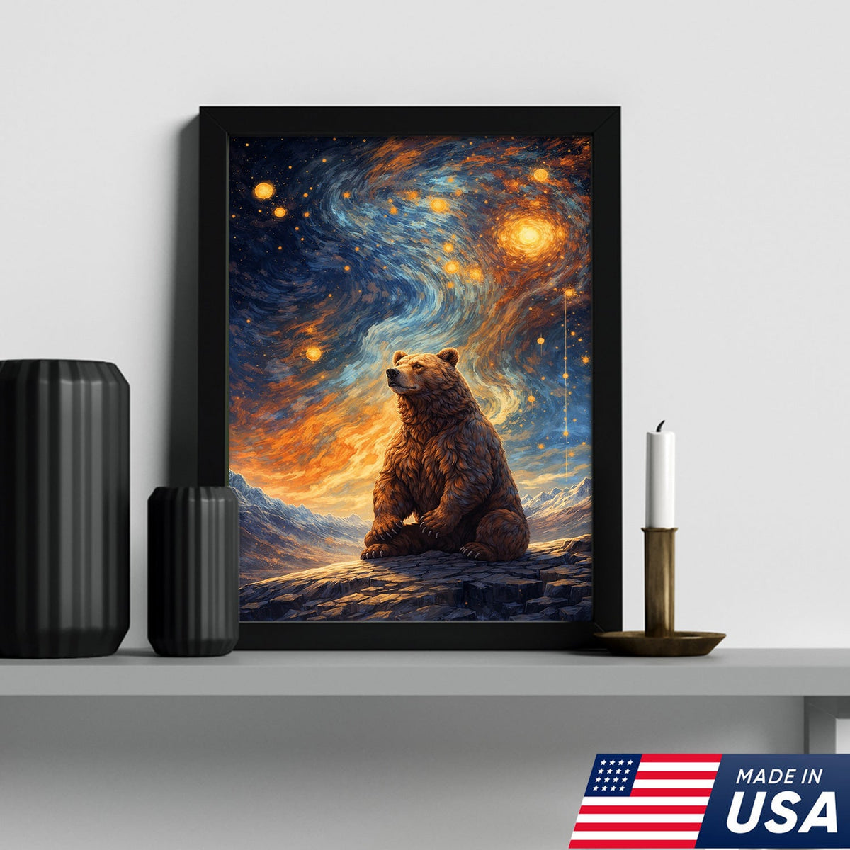Cosmic Bear Under Starry Sky Canvas – Dreamy Galaxy Wildlife Wall Art