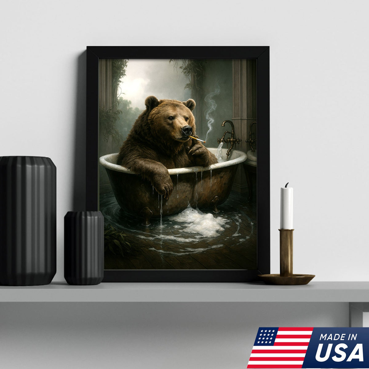 Smoking Bear in Bathtub Canvas – Surreal Rustic Wall Art for Man Cave & Lodge Decor