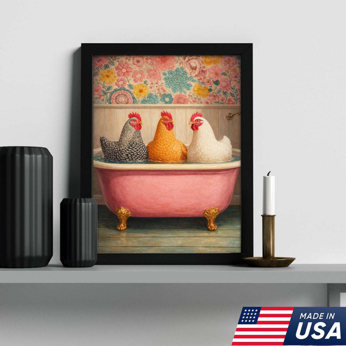 Funny Chicken Bathroom Canvas Wall Art – Chickens In Bathtub Painting