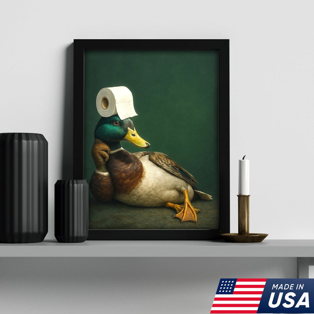 Funny Duck Bathroom Canvas Wall Art – Quirky Rustic Lodge Decor – Mallard Humor Gift Idea