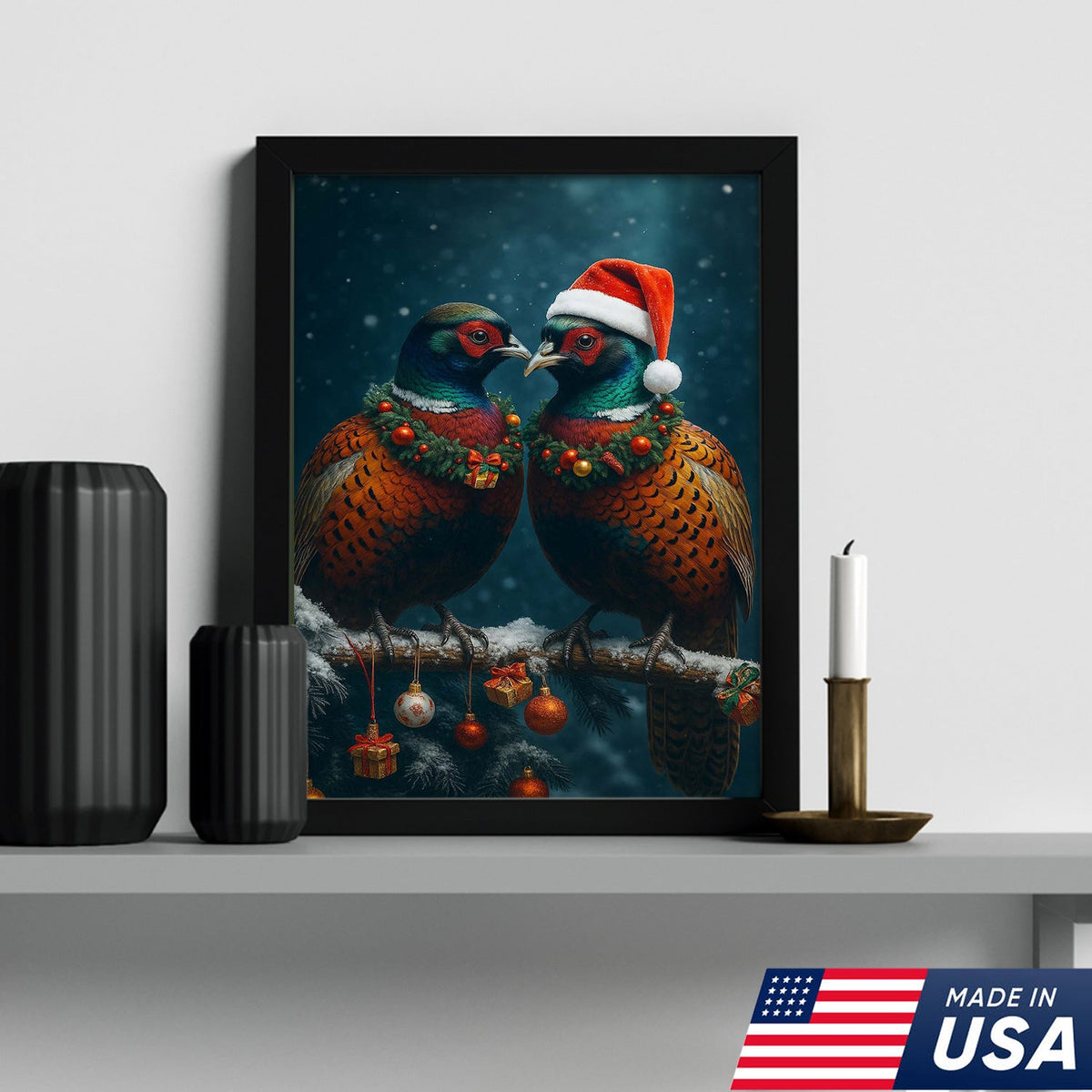 Christmas Pheasant Wall Art Canvas - Holiday Bird Couple Print, Rustic Wildlife Decor