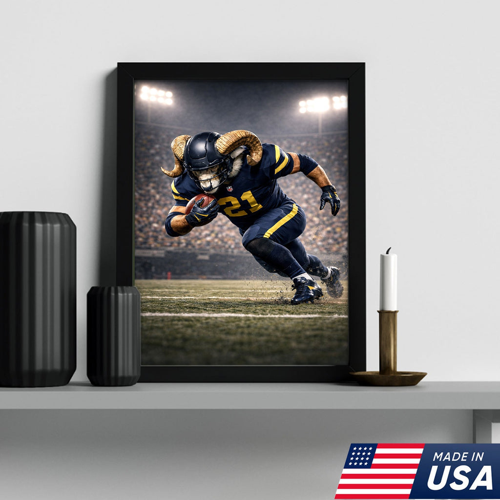 Mighty Ram Football Canvas Wall Art – Horned Athlete Stadium Action Print