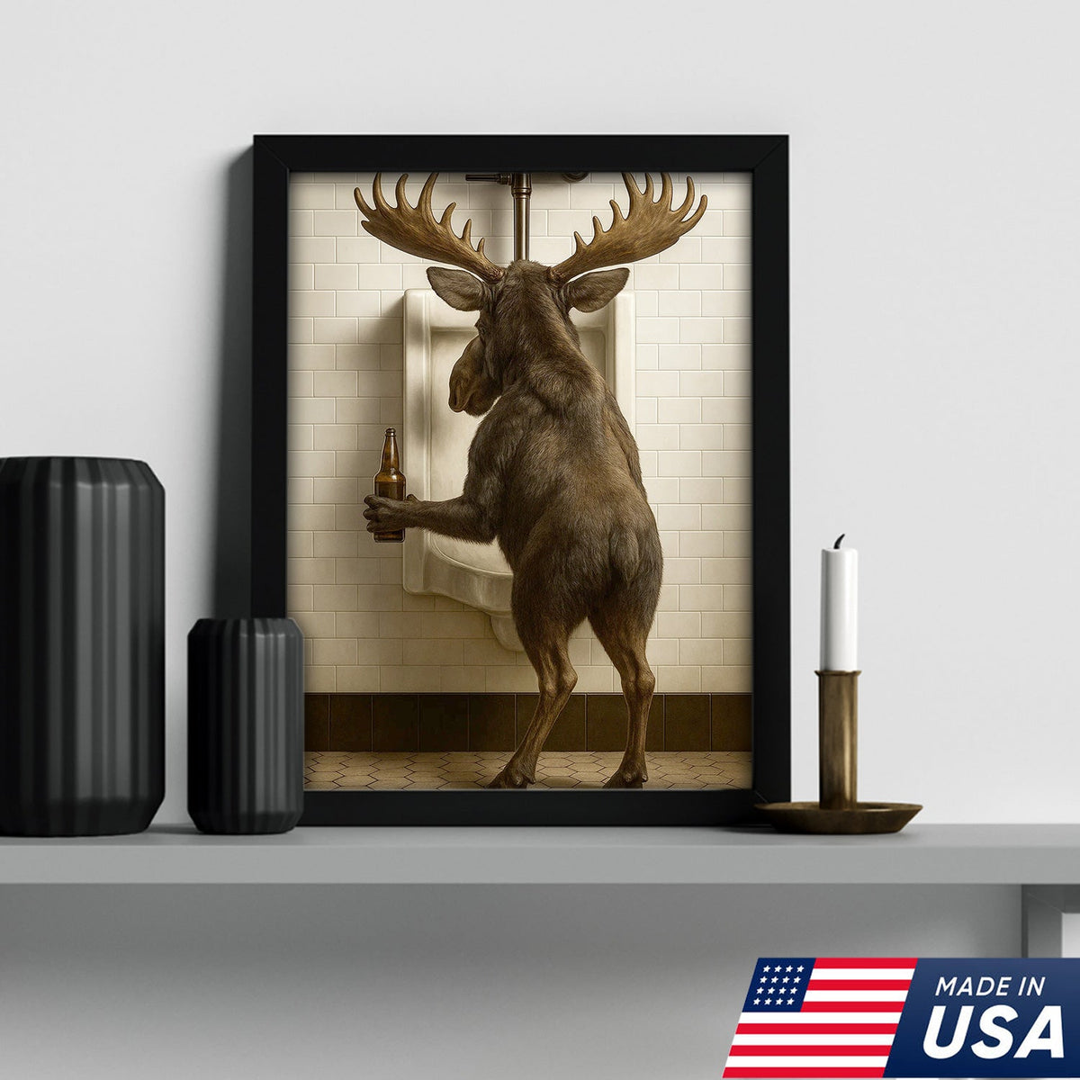 Moose Bathroom Canvas Wall Art - Funny Rustic Lodge Decor for Cabin and Hunting Enthusiasts