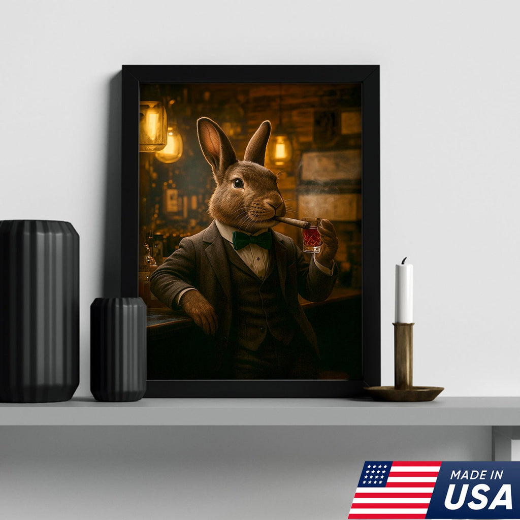 Rabbit Gentleman Wall Art – Classy Drinking & Smoking Canvas for Bar, Lodge & Man Cave Decor