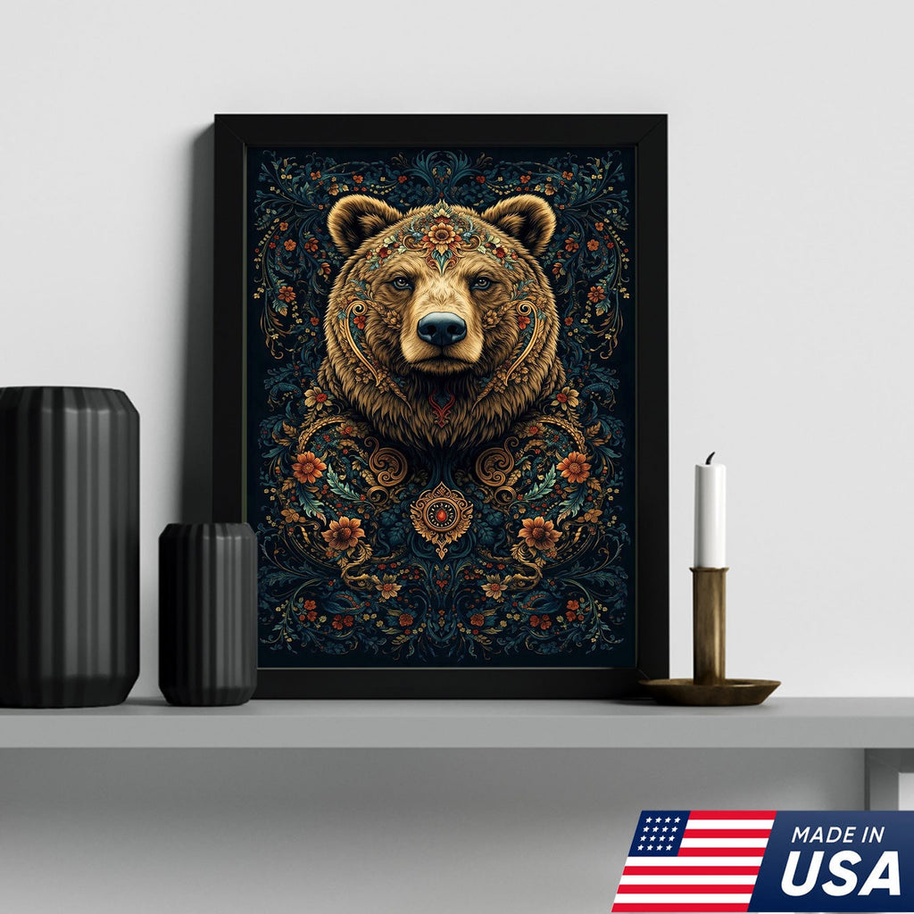 Ornate Floral Bear Canvas Wall Art, Majestic Bear Portrait with Decorative Pattern
