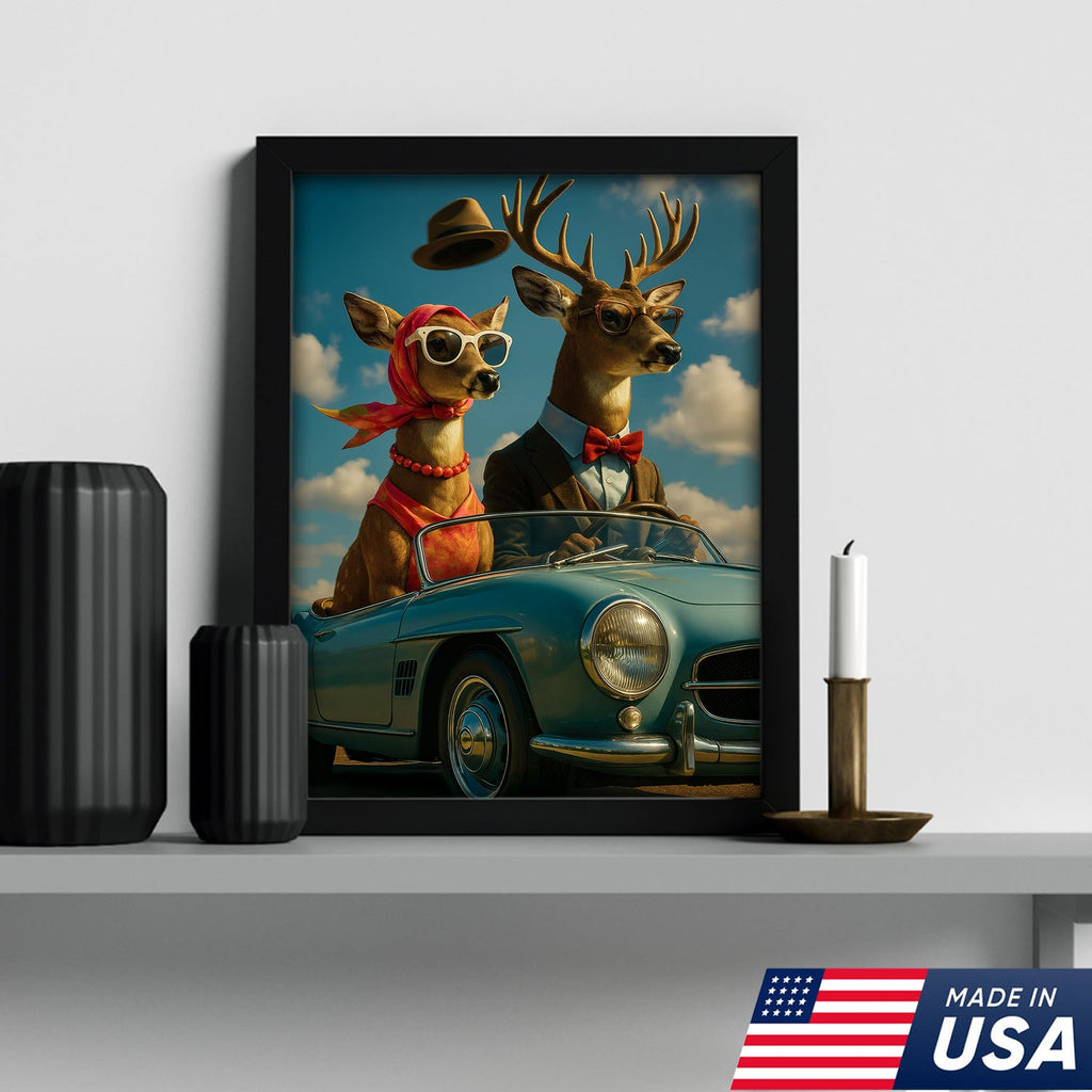 Retro Deer Couple Driving Canvas – Funny Buck & Doe in Convertible, Vintage Wall Art