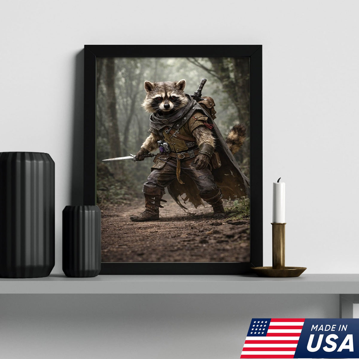 Epic Raccoon Warrior Wall Art Canvas Print, Fantasy Adventurer Animal Illustration