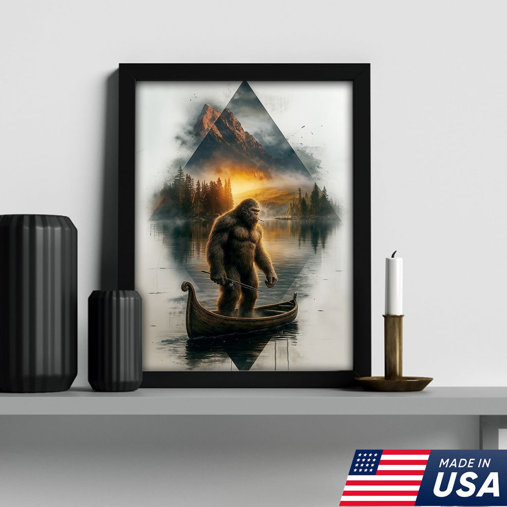 Bigfoot Fishing On Wooden Boat Adventure Canvas Wall Art – Mysterious Forest Lake Decor