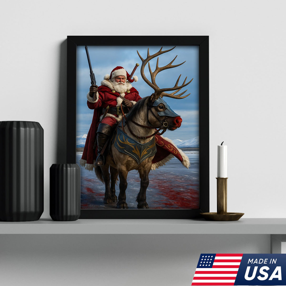 Epic Santa Riding Reindeer Canvas Wall Art, Fantasy Warrior Santa on Armored Reindeer