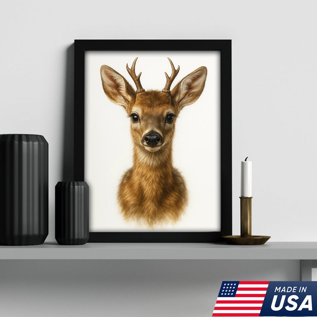 Minimalist Deer Canvas Wall Art, Realistic Baby Buck Portrait, Modern Wildlife Animal Print