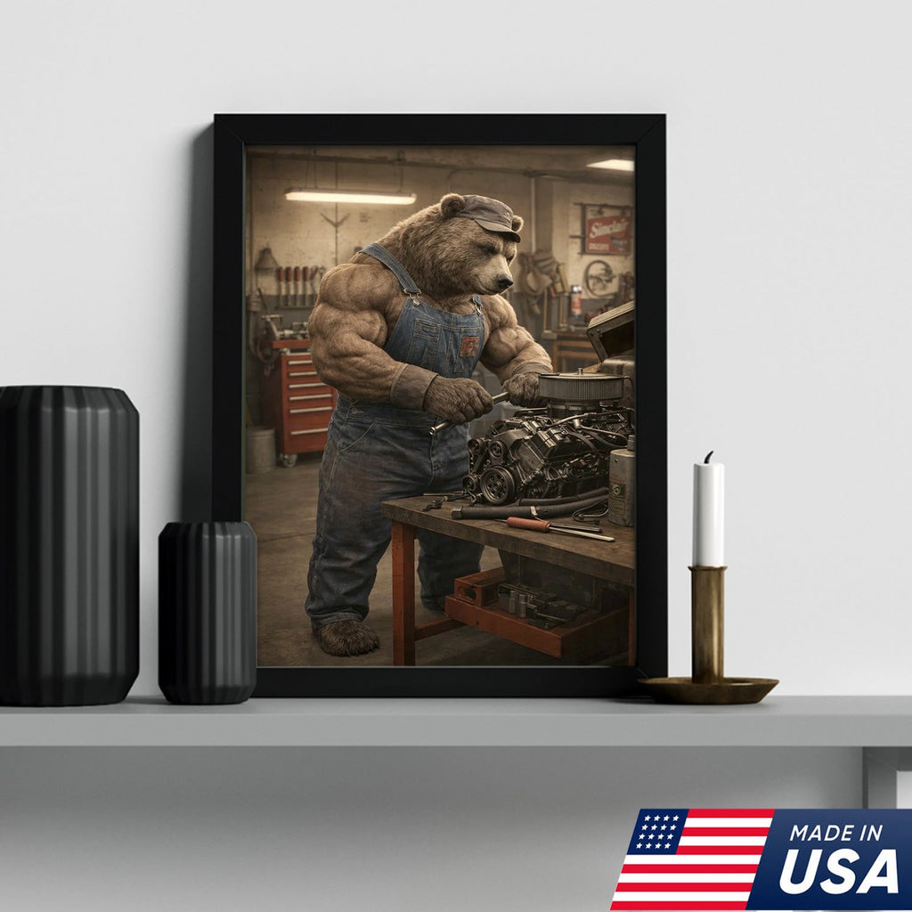 Muscular Bear Mechanic Canvas Wall Art – Realistic Animal Workshop Print